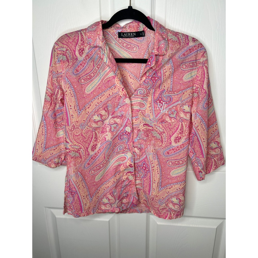 Lauren Ralph Lauren Pajama Set Paisley Small Pink 3/4 Sleeve Button Front RLL - Picture 2 of 11